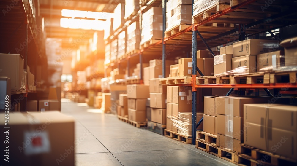 Retail warehouse full of shelves with goods in cartons, with pallets and forklifts. Logistics and tr