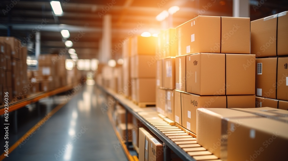 Retail warehouse full of shelves with goods in cartons, with pallets and forklifts. Logistics and tr