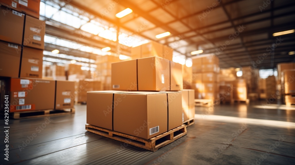 Retail warehouse full of shelves with goods in cartons, with pallets and forklifts. Logistics and tr