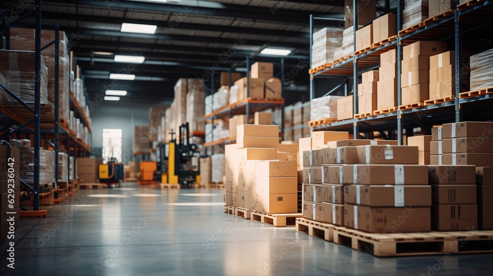 Retail warehouse full of shelves with goods in cartons, with pallets and forklifts. Logistics and tr