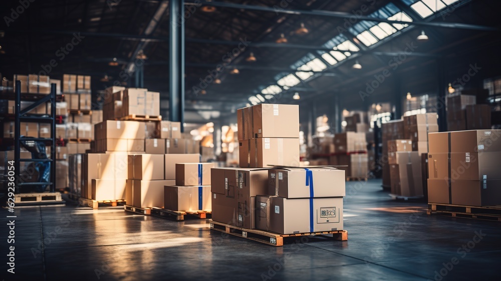 Retail warehouse full of shelves with goods in cartons, with pallets and forklifts. Logistics and tr