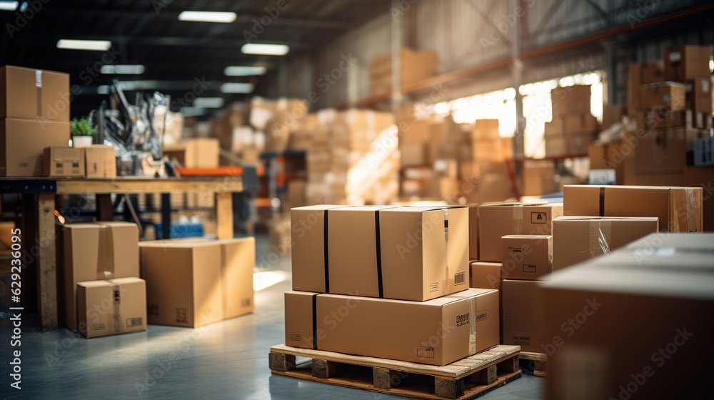 Retail warehouse full of shelves with goods in cartons, with pallets and forklifts. Logistics and tr