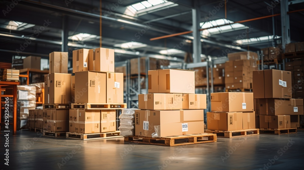 Retail warehouse full of shelves with goods in cartons, with pallets and forklifts. Logistics and tr