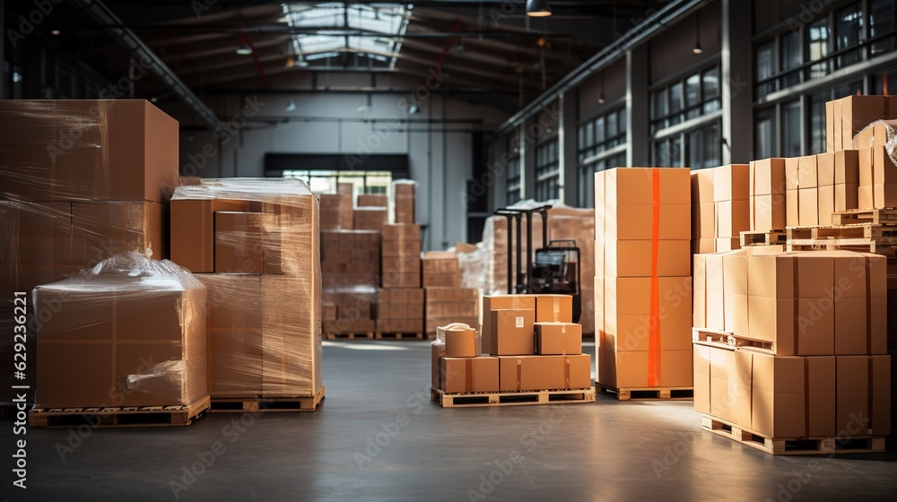 Retail warehouse full of shelves with goods in cartons, with pallets and forklifts. Logistics and tr