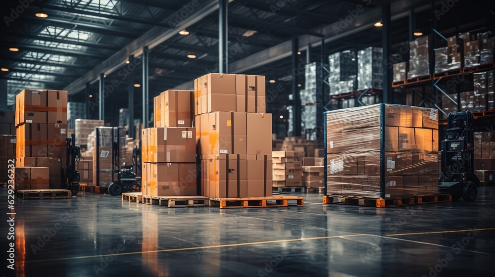 Retail warehouse full of shelves with goods in cartons, with pallets and forklifts. Logistics and tr