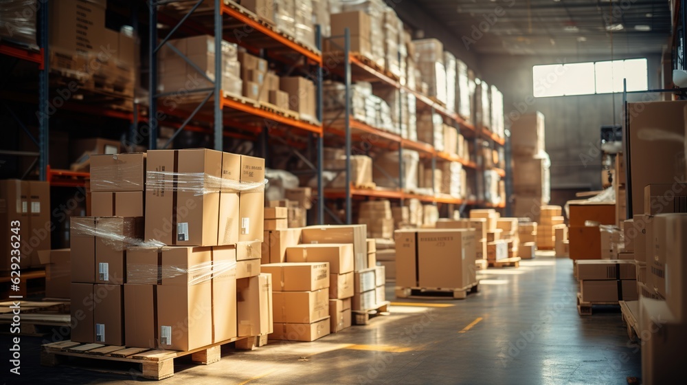 Retail warehouse full of shelves with goods in cartons, with pallets and forklifts. Logistics and tr