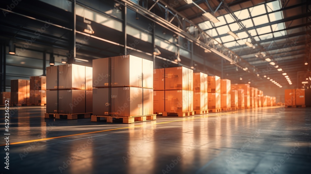 Retail warehouse full of shelves with goods in cartons, with pallets and forklifts. Logistics and tr