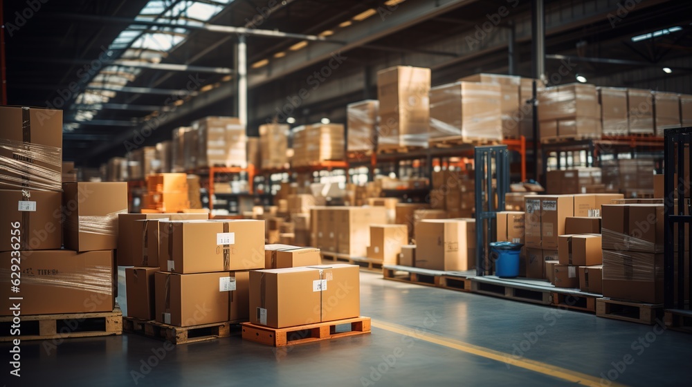 Retail warehouse full of shelves with goods in cartons, with pallets and forklifts. Logistics and tr