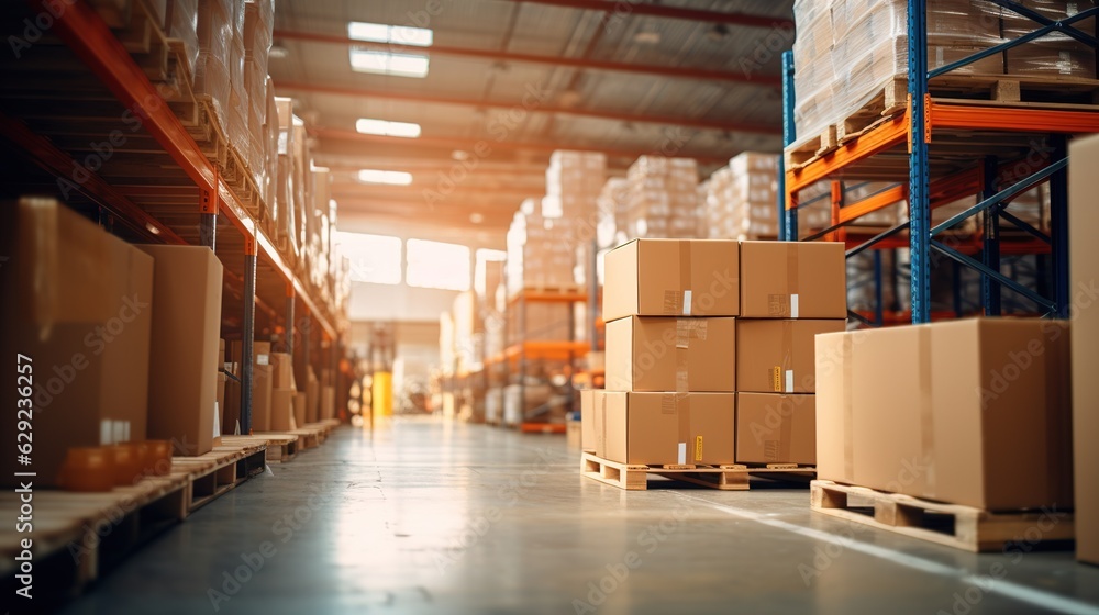 Retail warehouse full of shelves with goods in cartons, with pallets and forklifts. Logistics and tr