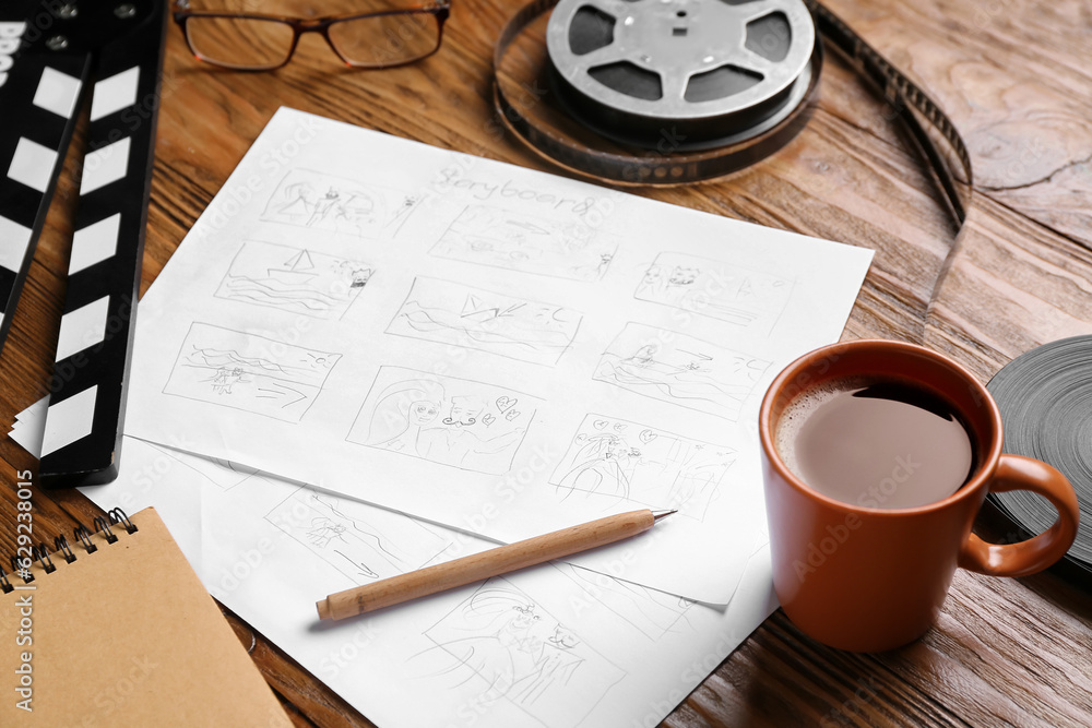 Storyboard with movie clapper, film reel and cup of coffee on wooden background