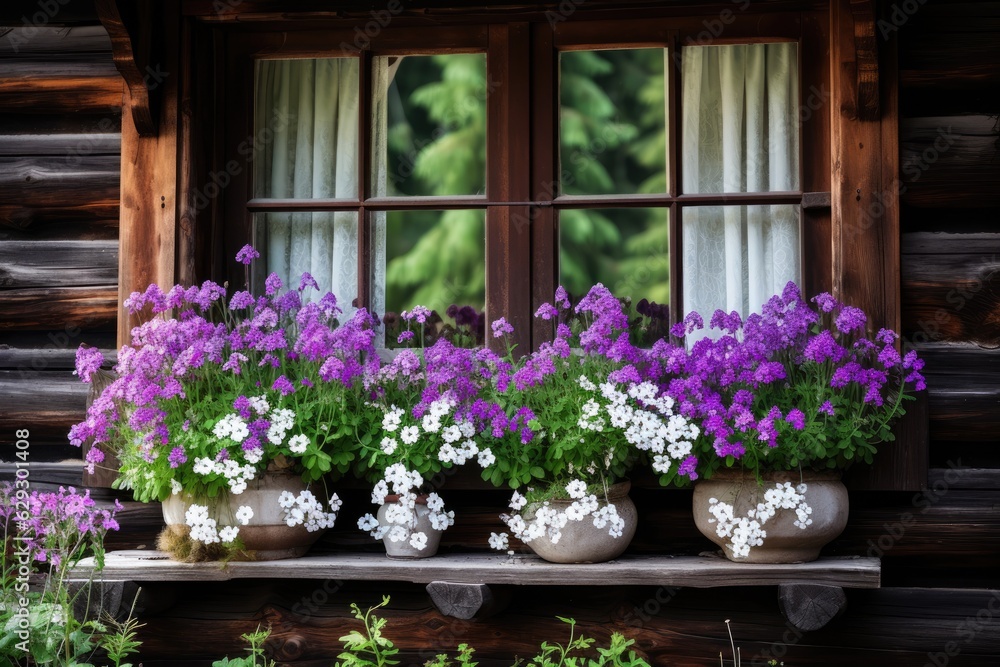 White and violet flowers covering window of wooden house