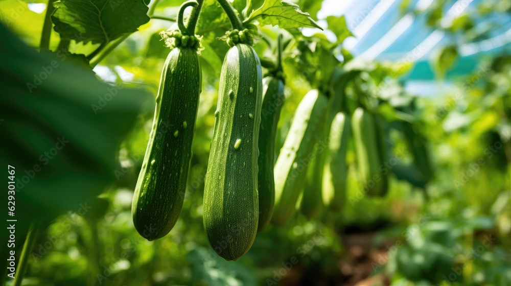 Zucchini with green leaves growing in the vegetable garden.