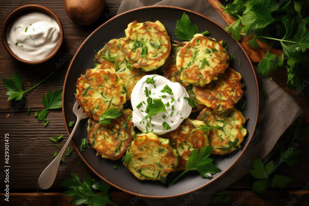 Vegetable pancakes with herb dip