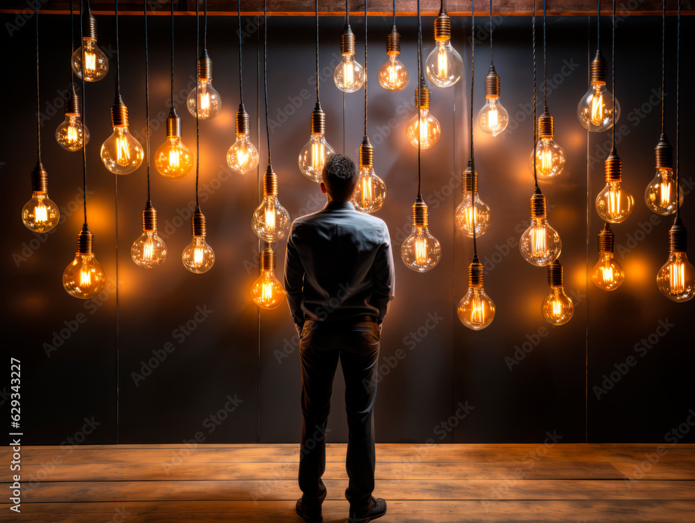 Business man observing many light bulbs hanging above, idea concept. Generative AI