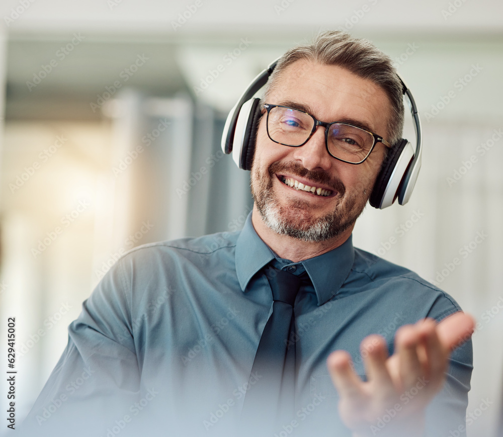 Portrait, business and man with a smile, video call and communication with network, headphones and w