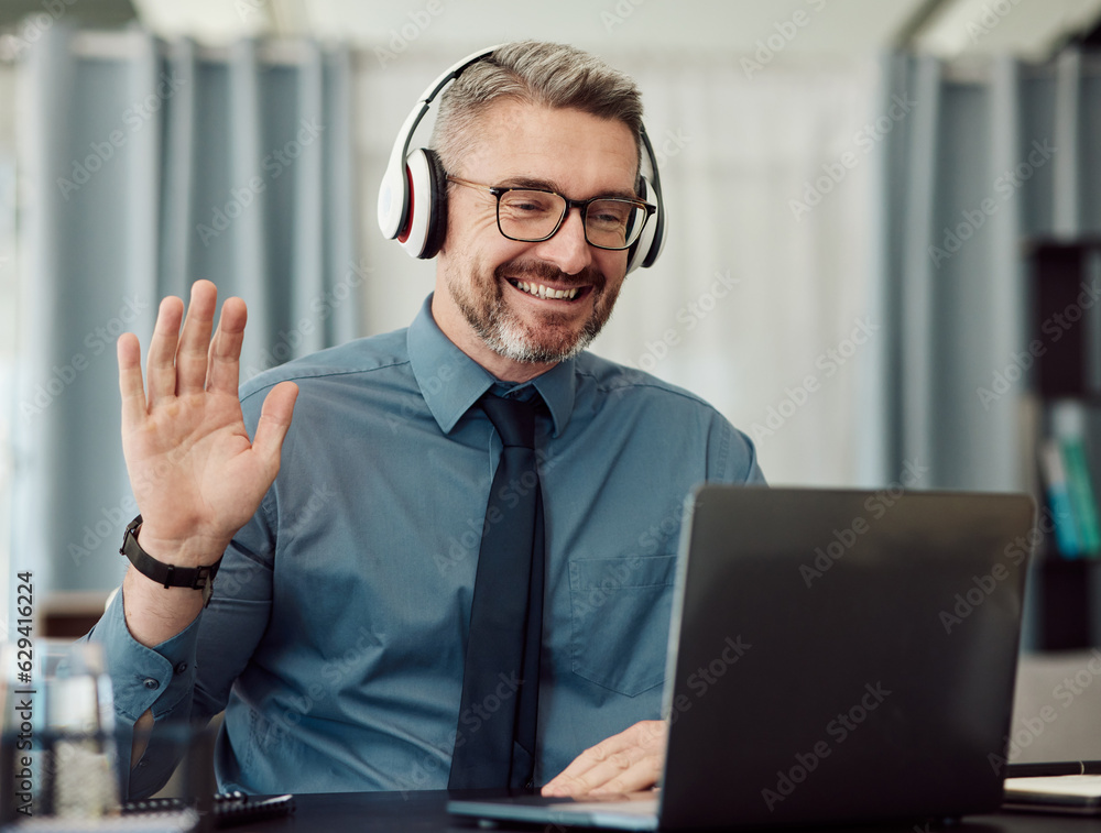 Headphones, laptop and man wave on video call for business, smile and online chat at home. Happy, he