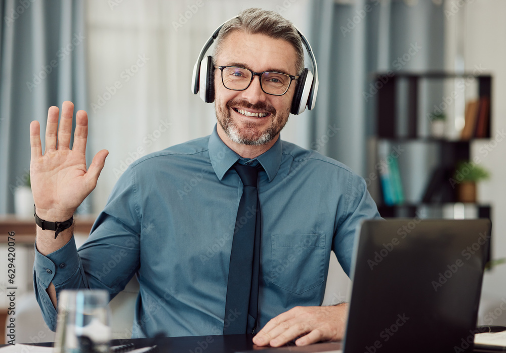 Portrait, headphones and man wave on video call for business smile in online chat at home. Happy fac