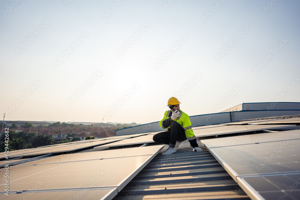 Professional engineer work to maintenance of photovoltaic panel system. 