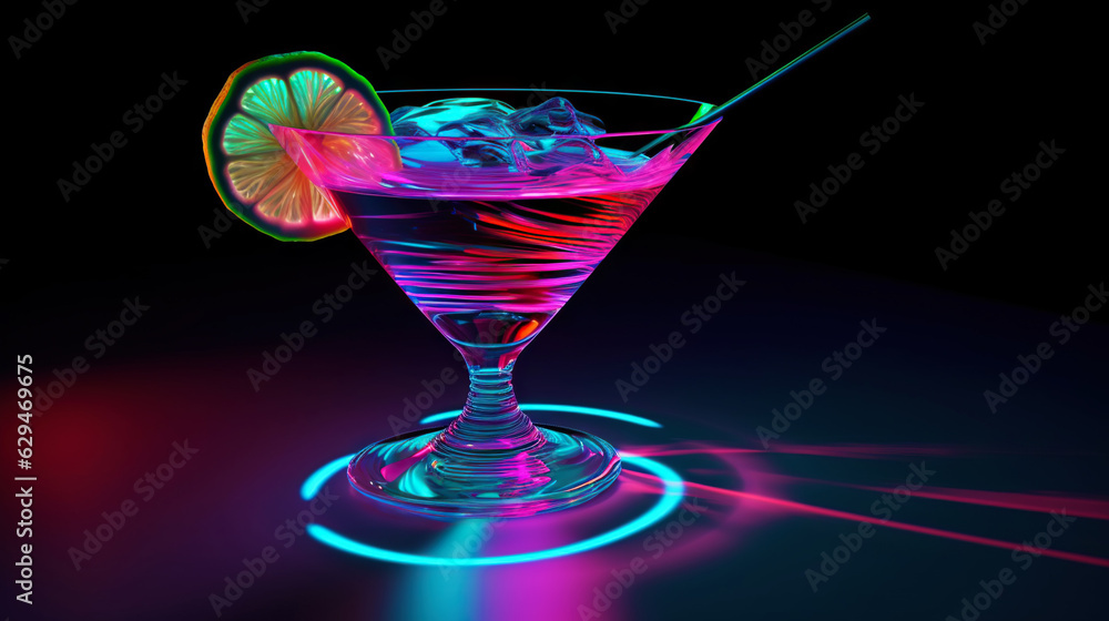 Glass of cocktail in hypnotic neon light. Colorful rave party drink. Generative AI