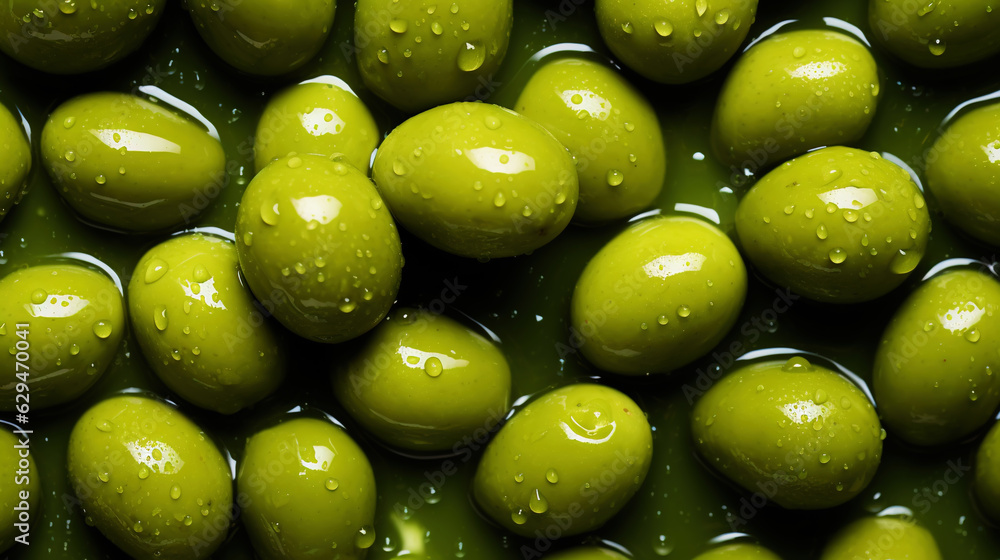 Fresh green olives with water drops background. Vegetables backdrop. Generative AI