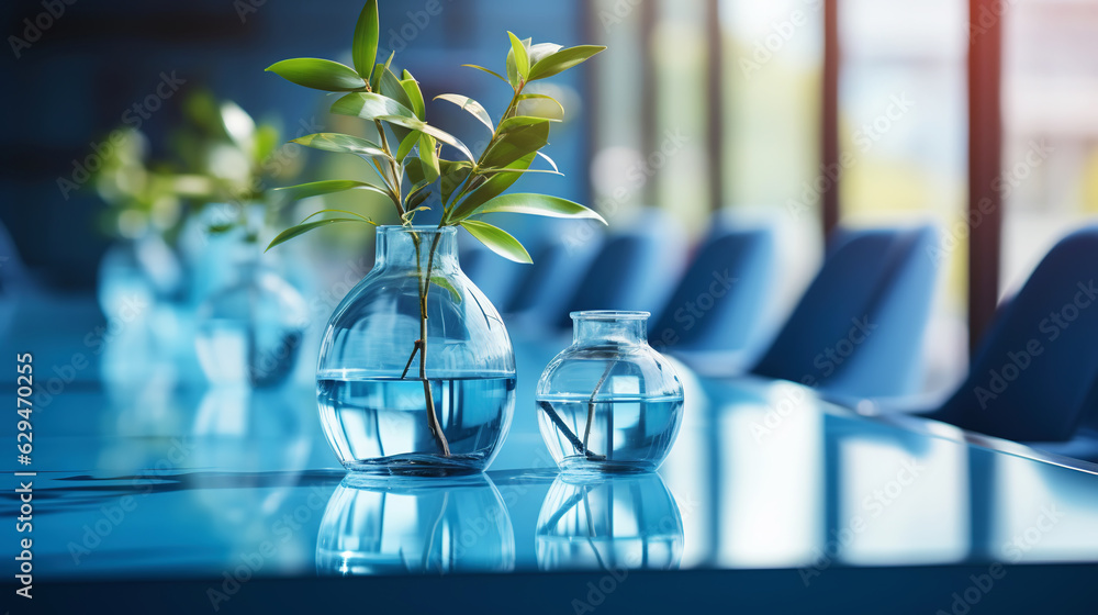 Modern minimalist corporate conference room with glass table in blue shades. Generative AI