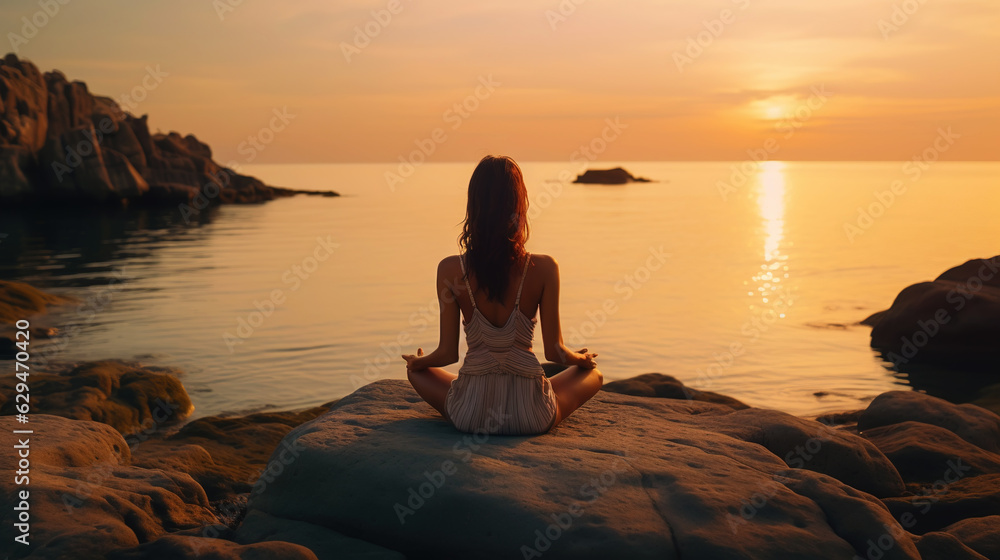 Woman meditating on the sea beach in lotus position. Generative AI