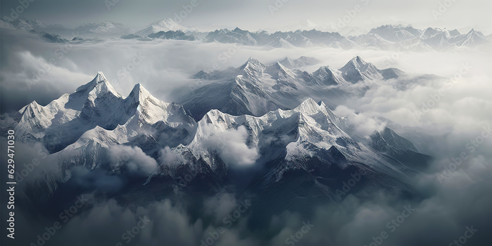 Dramatic snow-capped mountains landscape. Clouds and fog covers stone slopes. Generative AI