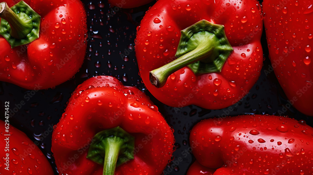 Fresh red bell peppers with water drops background. Vegetables backdrop. Generative AI