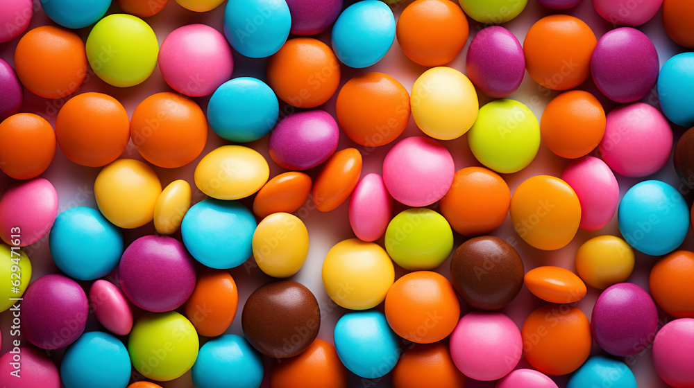 Close up of a pile of colorful chocolate coated candies. Candy background. Generative AI