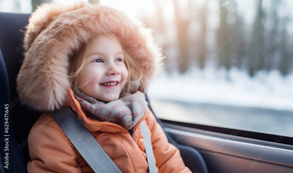 Little girl wearing a seatbelt in a car smiling in winter. Safety on road concept