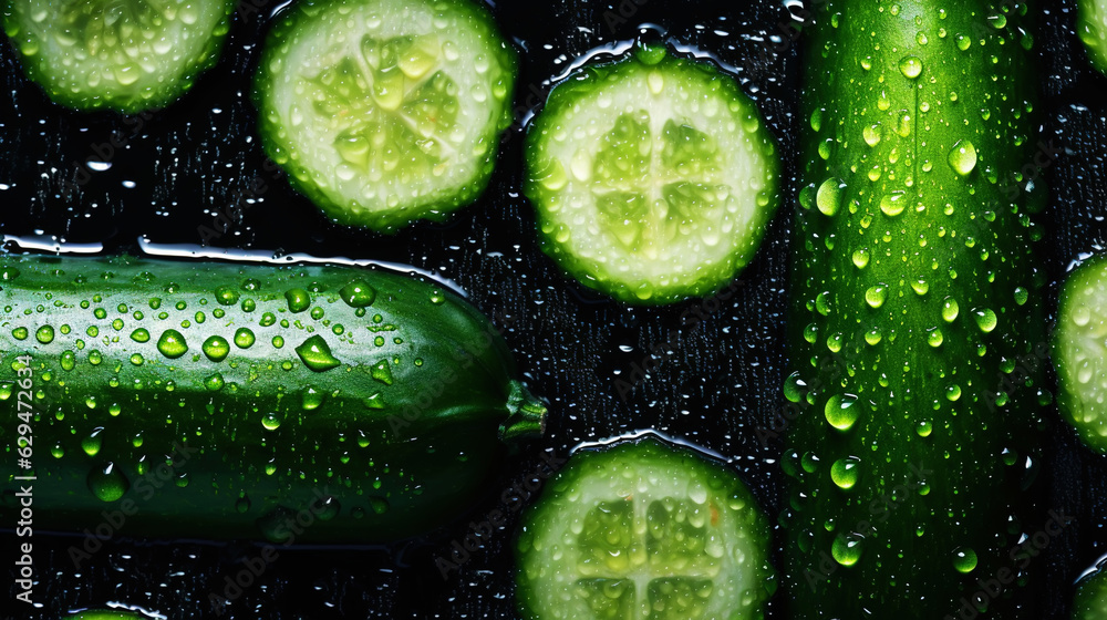 Freshgreen zucchini or courgettes with water drops background. Vegetables backdrop. Generative AI