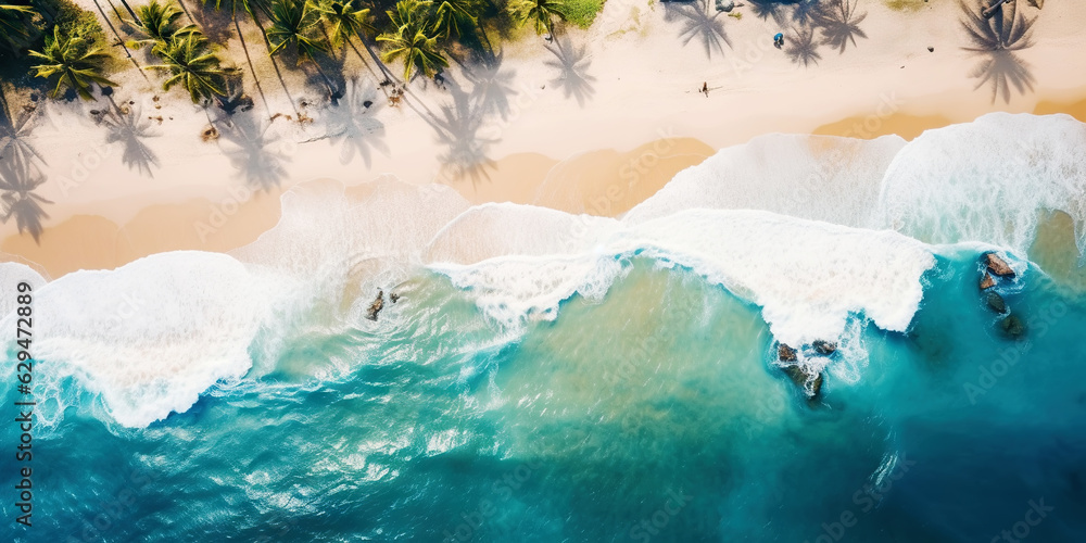 Aerial top view on sand ocean beach with palm trees. Summer vacation paradise concept. Generative AI