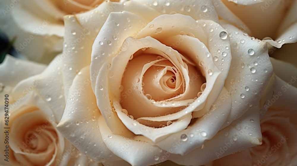 Creamy Roses flowers with water drops background. Closeup of blossom with glistening droplets. Gener