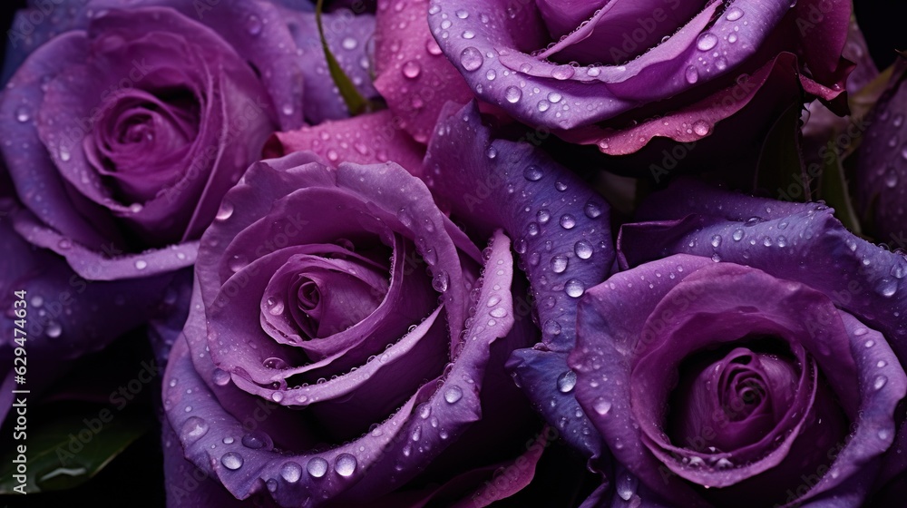 Purple Roses flowers with water drops background. Closeup of blossom with glistening droplets. Gener