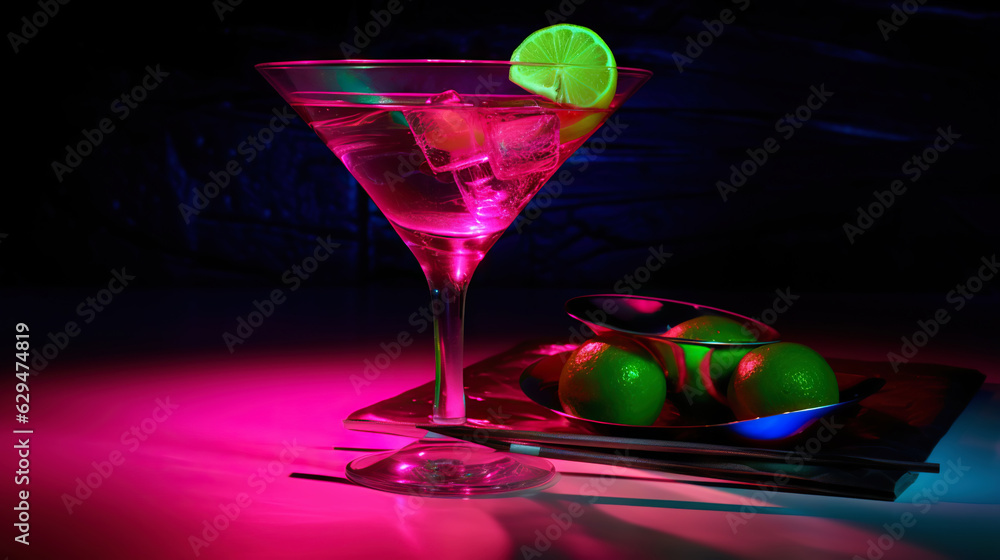 Glass of cocktail in hypnotic neon light. Colorful rave party drink. Generative AI