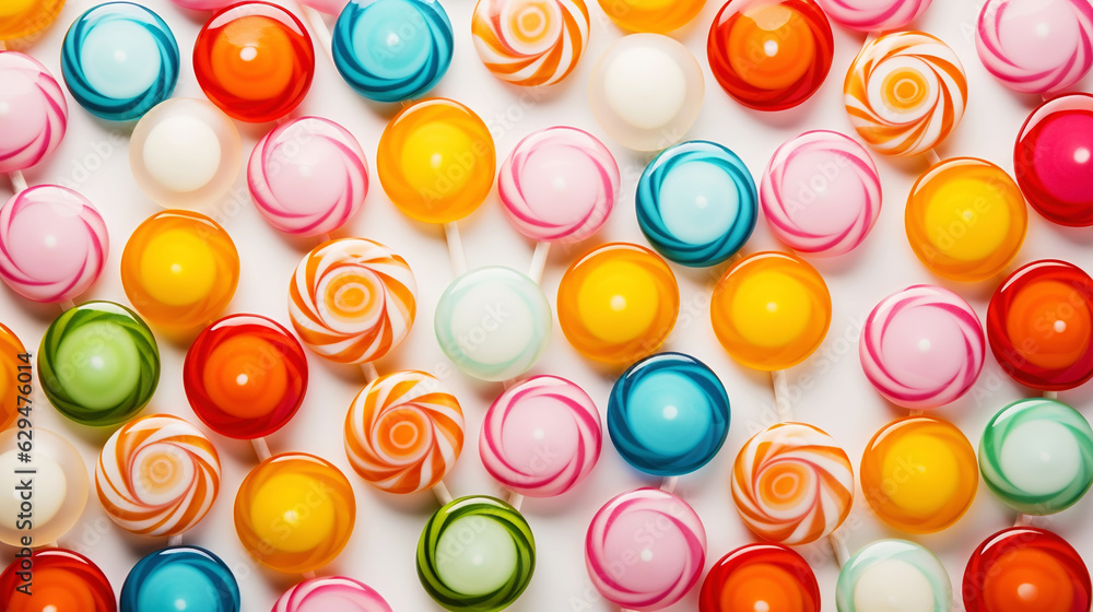 Colorful lollipop candies background. Top view. Generative AI