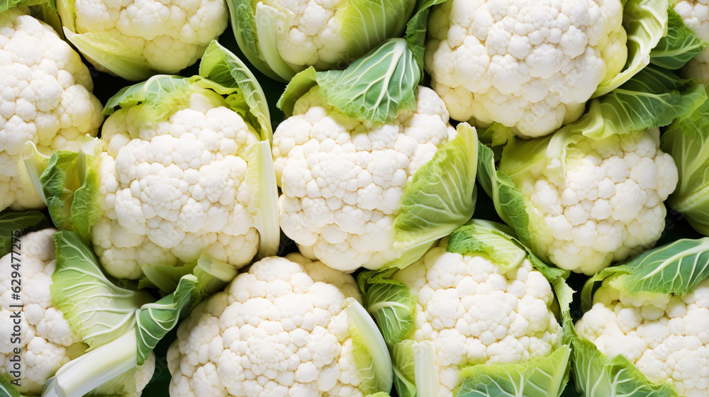 Fresh cauliflowers with water drops background. Vegetables backdrop. Generative AI