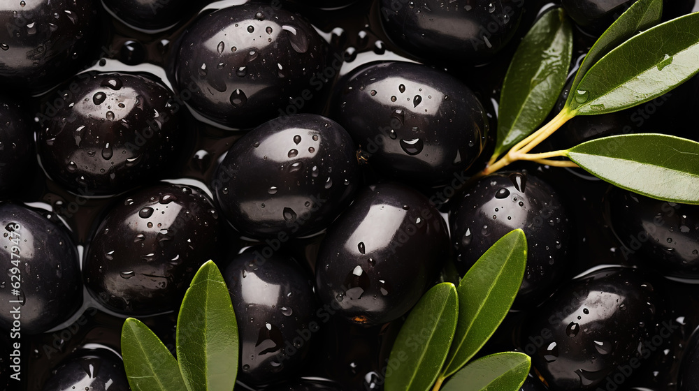 Black olives with leaves and water drops background. Vegetables backdrop. Generative AI