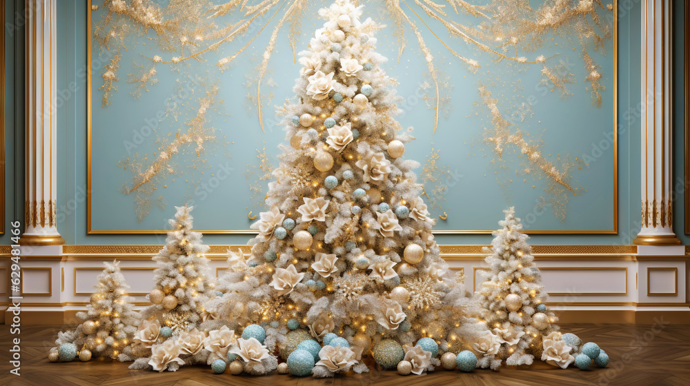 Beautiful decorated christmas tree with present boxes. Festive New Year background. Generative AI