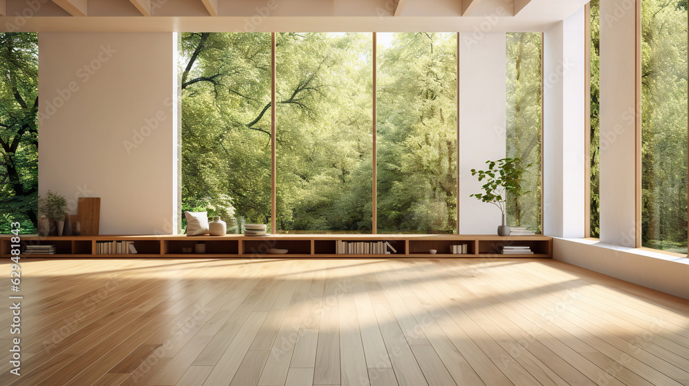 Empty room of modern contemporary loft with wooden floor and large windows to garden. Copy space. Ge