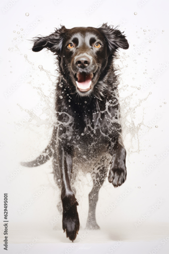 Close up of dog with water splashing on its face.