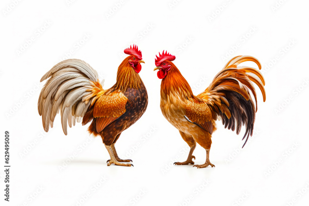 Couple of roosters standing next to each other on white background.