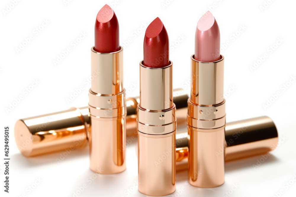 Close up of three lipsticks on white surface with white background.