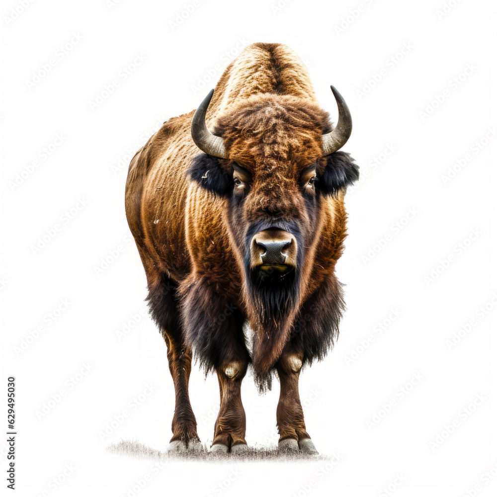 Bison standing in front of white background with black spot on its face.