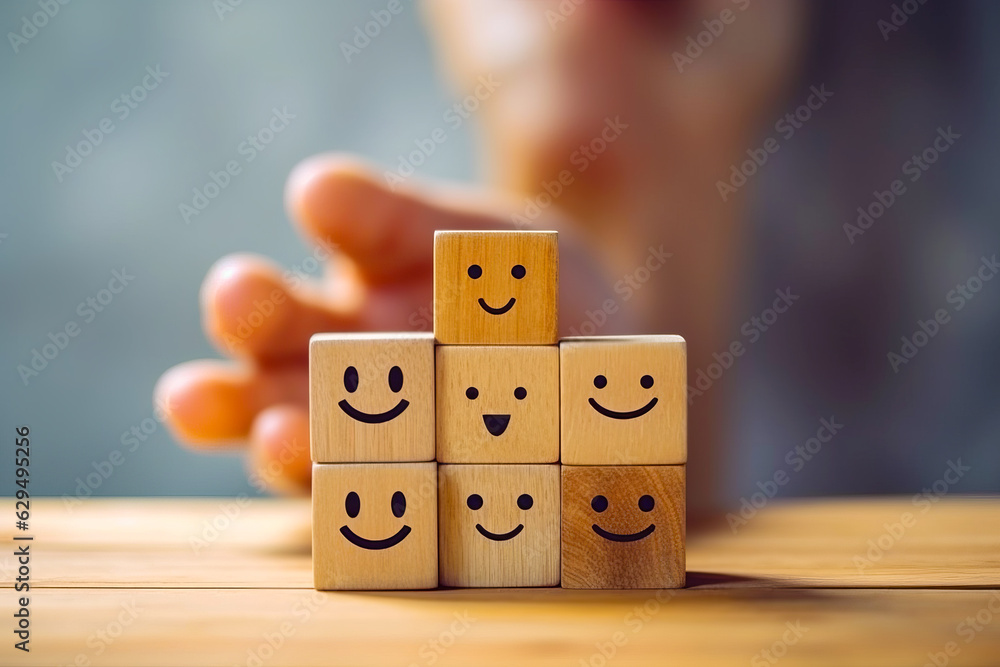 Wooden block with smiley faces on it and persons hand in the background.