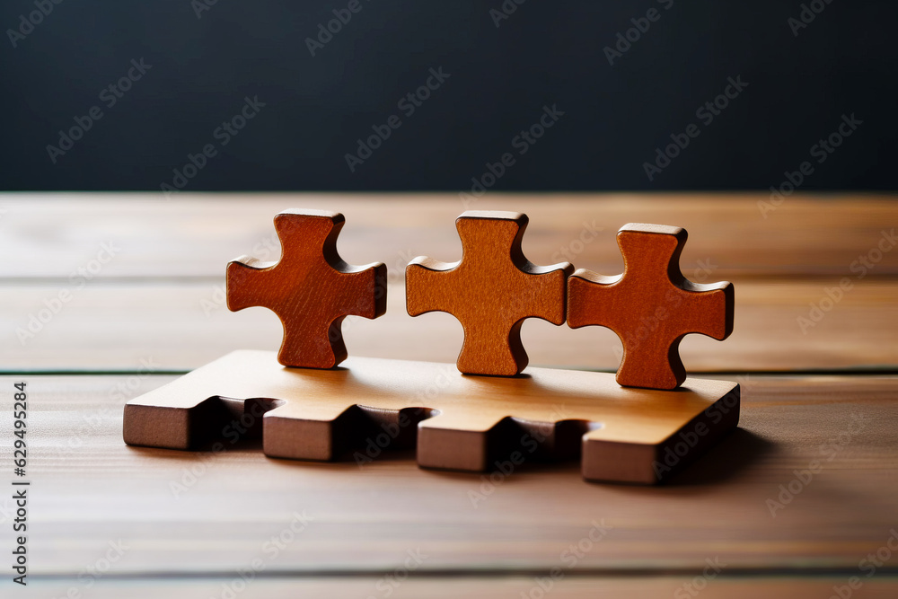 Wooden puzzle piece sitting on top of wooden table next to another piece.