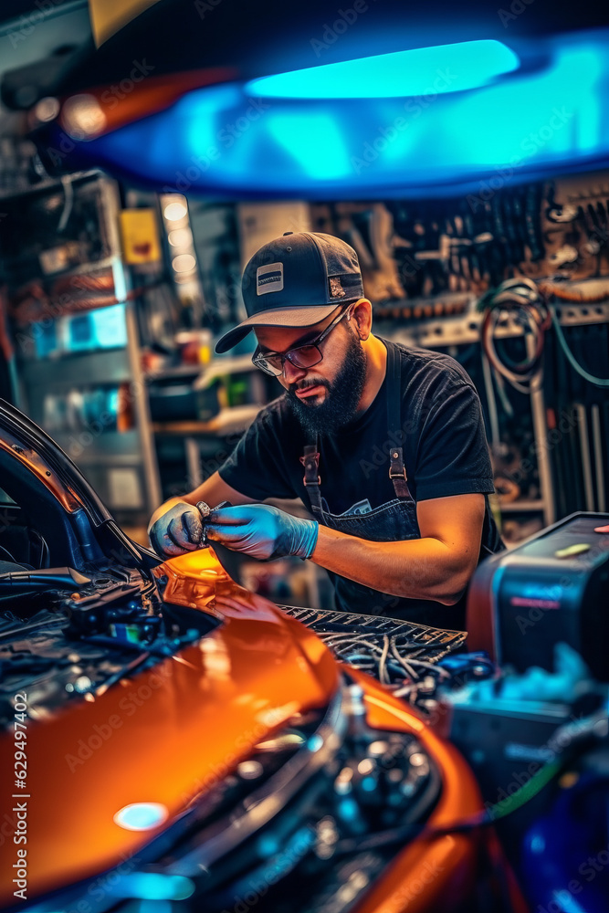 Man is working on car in garage with wrench.