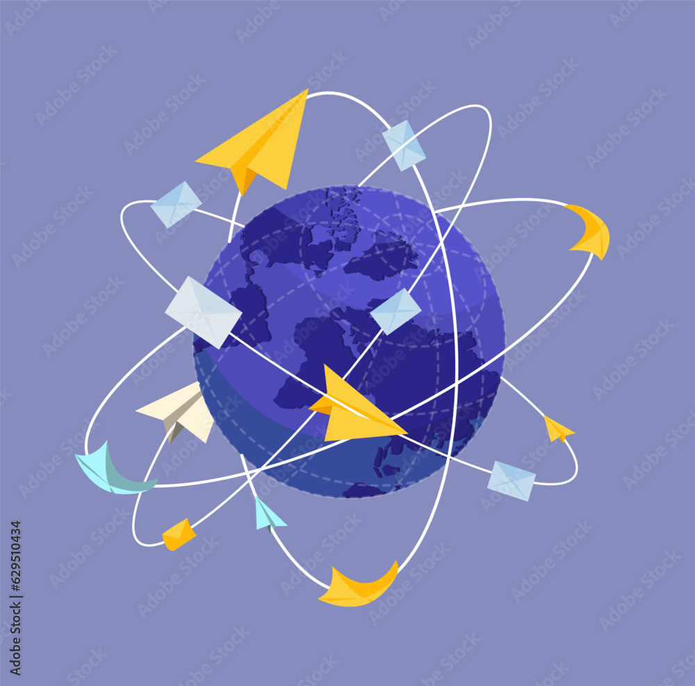 International mail. Letters and paper planes flying around Earth globe on blue violet background, ve