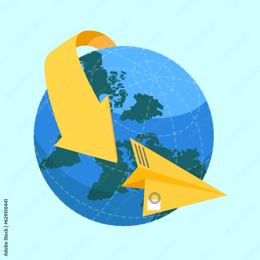 International mail. Letter flying around Earth globe on light blue background, vector illustration