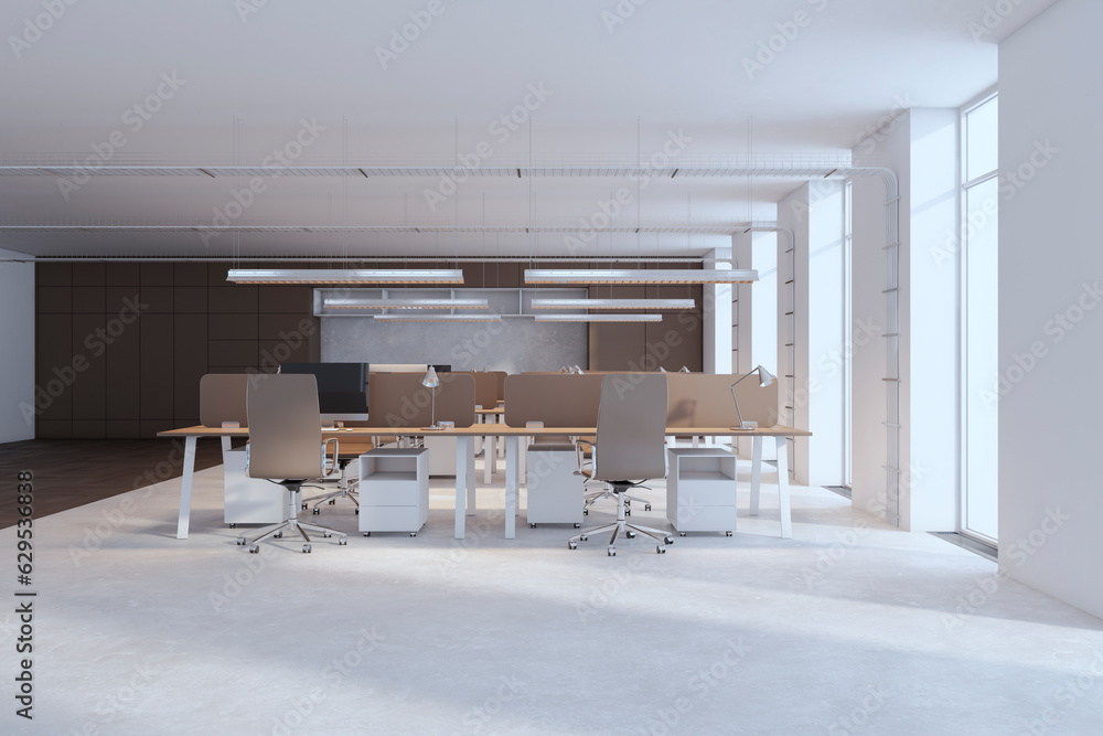 Luxury wooden and concrete coworking office interior with window, daylight and furniture. 3D Renderi